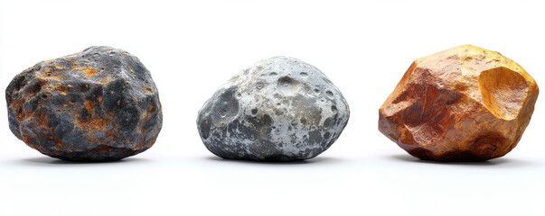 Three distinct asteroids with unique textures and colors, showcasing space rock diversity