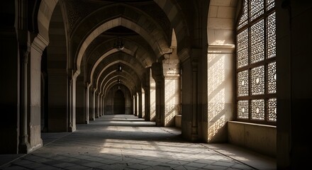 Fototapeta premium Dramatic sun rays through a mosque window, representing the divine blessings and spiritual enlightenment during the holy month of Ramadan.
