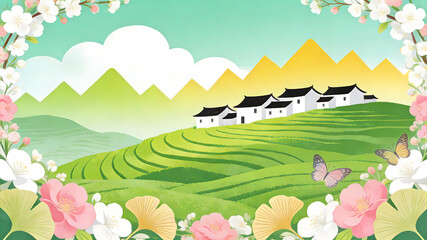 Naklejka premium Spring rural landscape with green terraces and traditional houses
