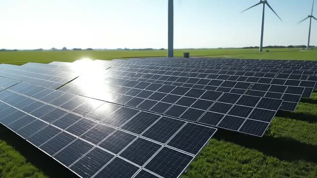 Cinematic aerial drone footage of modern solar panels on a green field with rotating wind turbines in the background. Clean energy and renewable resources concept.