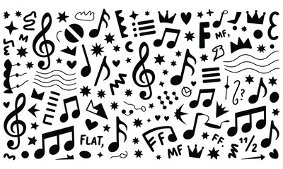 Obraz premium A chaotic black and white pattern of various musical symbols notes and decorative elements fills the entire frame
