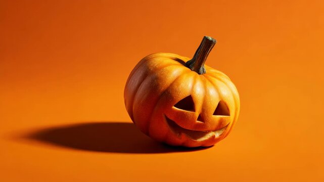 Carved pumpkin jack-o'-lantern on vibrant orange background for halloween.