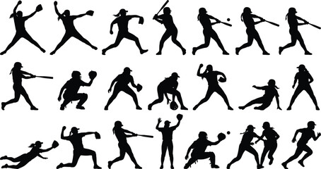 Baseball player action silhouettes set, athletes pitching batting throwing sliding poses, black sport figures isolated on gray background illustration
