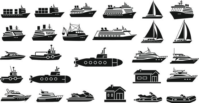 Collection of black nautical silhouette icons featuring cargo ships cruise liners sailboats yachts submarines and jet skis for maritime design