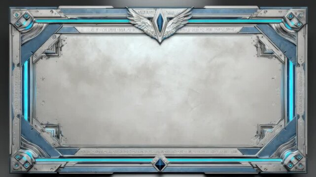Futuristic silver frame with blue accents and winged design elements.