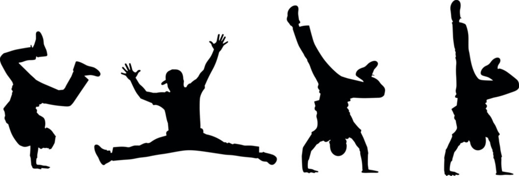 Black silhouette set of male breakdancer performing energetic hip hop street dance moves, acrobatic b-boy freezes and athletic stunts vector illustration.