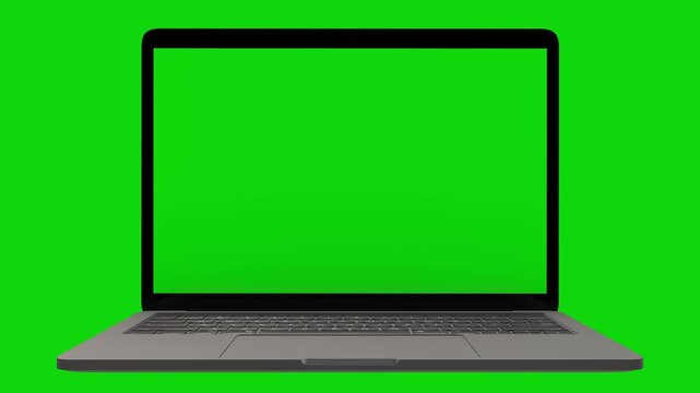 3d rendering of a laptop opening and showing a green screen on a white background. Modern grey Laptop Animated Mockup, Front Side Perspective View, Green Screens. Silver Laptop Animated Opening Mockup