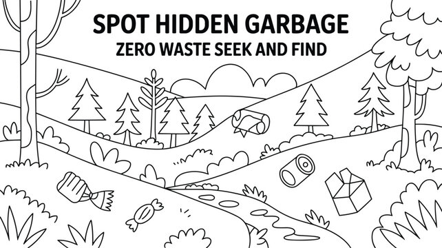 A black and white seek and find puzzle depicts a landscape with hidden garbage amongst trees and rolling