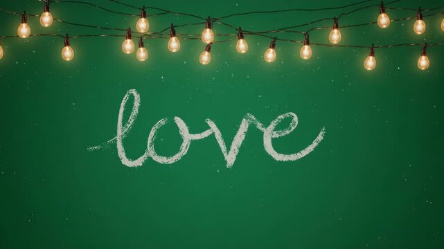 Chalk-written love under glowing string lights