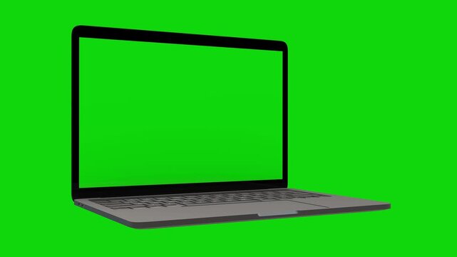 3d rendering of a laptop opening and showing a green screen on a white background. Modern grey Laptop Animated Mockup, Front Side Perspective View, Green Screens. Silver Laptop Animated Opening Mockup