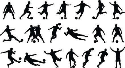 Soccer football player action silhouettes set, athletes dribbling kicking passing shooting poses, black sport figures isolated on gray background illustration © Ezazul Haque