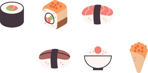 Flat Sushi and Japanese Food Icon Set Featuring Nigiri, Maki Roll, Salmon Sashimi, Rice Bowl and Hand Roll Illustration © Abdul