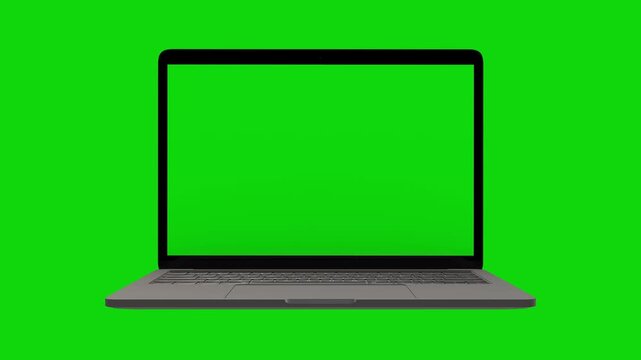 3d rendering of a laptop opening and showing a green screen on a white background. Modern grey Laptop Animated Mockup, Front Side Perspective View, Green Screens. Silver Laptop Animated Opening Mockup