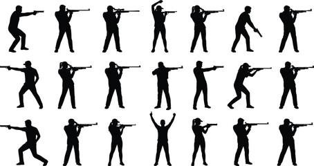 Tactical soldier action silhouettes set, armed military figures aiming crawling shooting poses, black combat people isolated on gray background illustration © Ezazul Haque