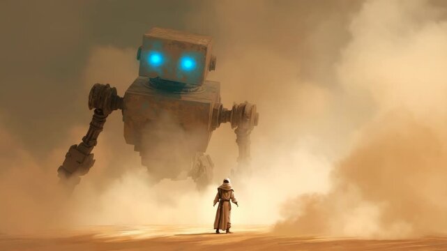 Futuristic desert landscape with giant robot and mysterious figure.