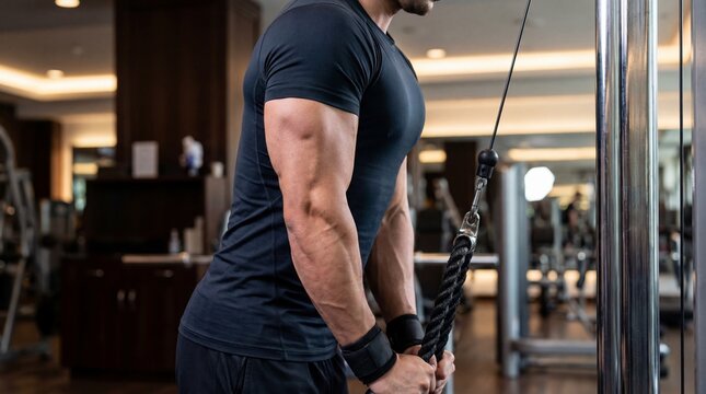 Muscular athlete wearing a dark shirt powerfully performs a cable triceps pushdown exercise using heavy gym machinery.