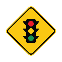 A yellow diamond shaped warning sign depicting a traffic light symbol is isolated on transparent background