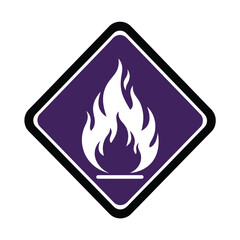 A white flame symbol is displayed inside a dark purple rhombus outlined in black on a transparent background