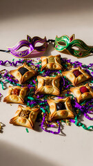 Traditional Purim hamantaschen cookies with colorful masquerade masks and festive decorations symbolizing Jewish holiday celebration
