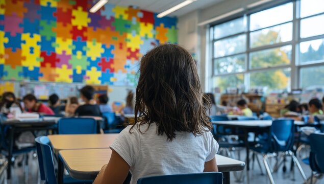 Girl with Brown Hair Sitting in Classroom with Colorful Puzzle Wall and Large Windows