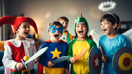 Happy children in colorful costumes celebrating Purim with playful swords shields and laughter during joyful Jewish holiday party
