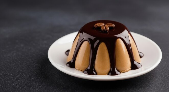 Gourmet coffee panna cotta dessert with chocolate syrup and coffee beans, elegantly served on a white plate against a dark textured background.