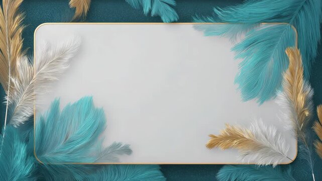 Luxurious feathered frame with teal, gold, white feathers on turquoise background.