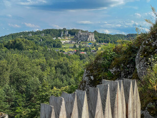 View of Ogrodzieniec Castle from the stronghold on Mount Birow in Podzamcze near Ogrodzieniec in Poland