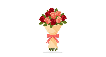 Bouquet of Red and Pink Roses Wrapped in Paper with Ribbon