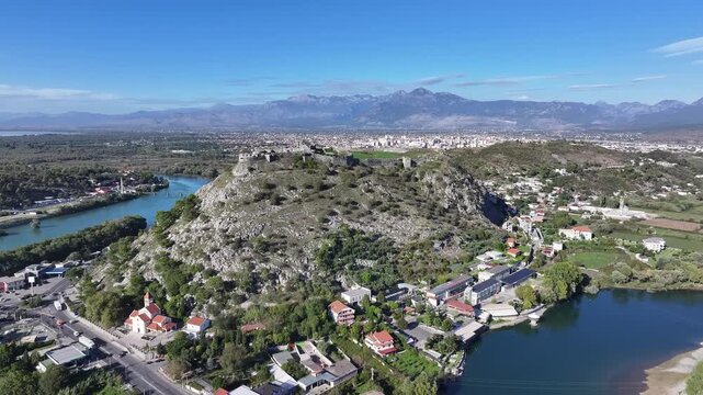 Rozafa Castle in Shkodra, Albania, historic fortress ruins with panoramic views over Lake Shkodra and rivers