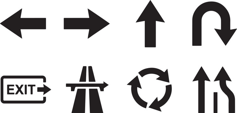 Collection of black arrow icons and road direction signs for navigation and traffic guidance Vector