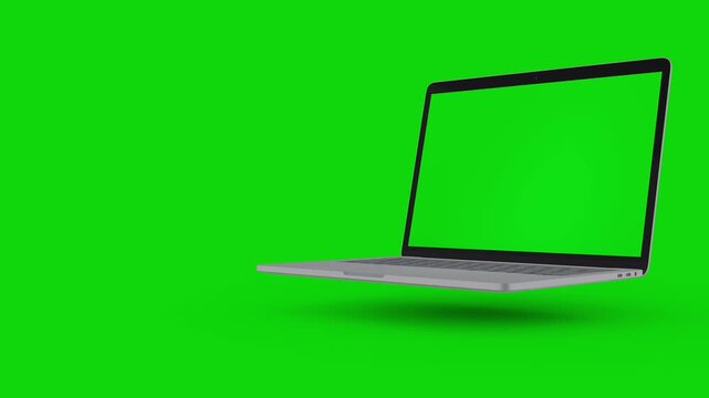 3d rendering of a laptop opening and showing a green screen on a white background. Modern grey Laptop Animated Mockup, Front Side Perspective View, Green Screens. Silver Laptop Animated Opening Mockup
