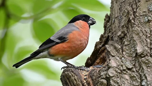Eurasian Bullfinch Feeding on Tree Bark Close Up Wildlife Video 4K Video