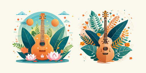 Fototapeta premium acoustic guitar and autumn leaves for a vasant celebration frame