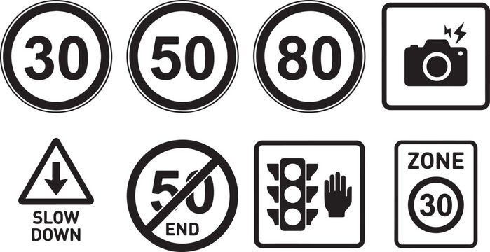 Collection of essential road safety signs: speed limits, slow down, traffic camera, and regulation icons Vector