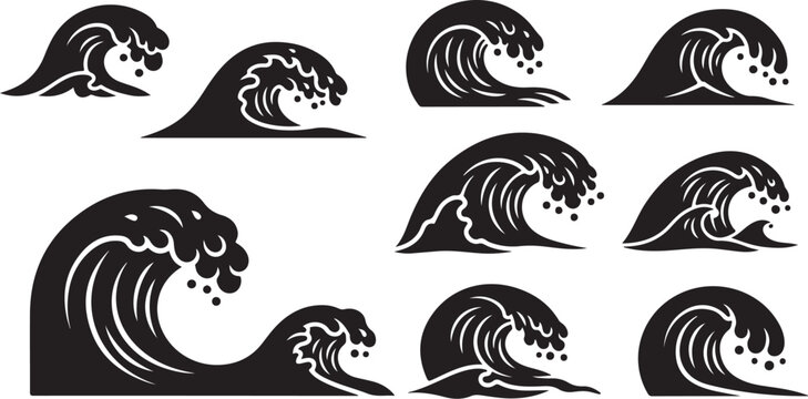Black and white wave icons in various crashing styles