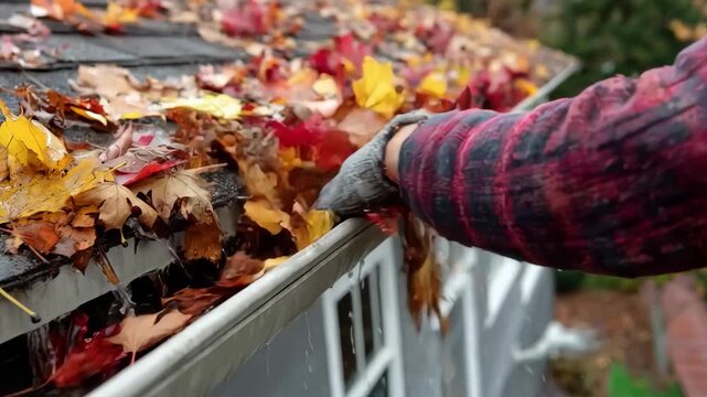 Medium shot of closeup hands removing wet leaves and dirt from residential gutter pipes amid colorful fall foliage.