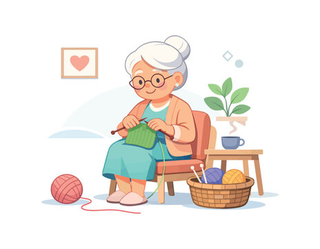 Elderly woman knitting in cozy room with yarn basket, flat vector illustration