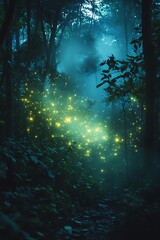 Obraz premium Enchanted woodland path shimmering with ethereal light amidst the misty atmosphere