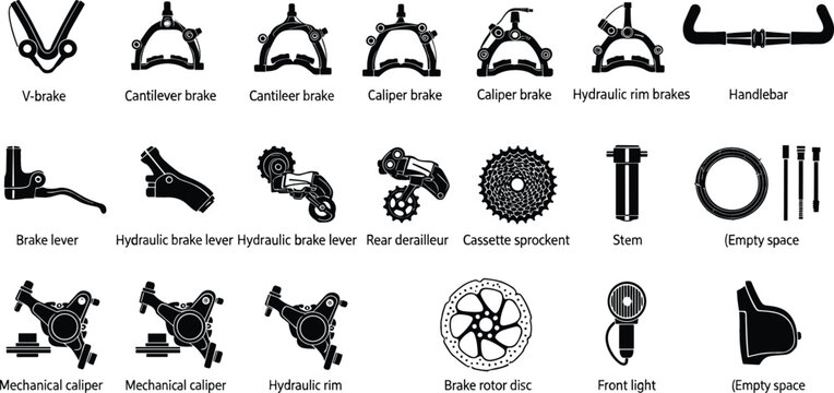 Comprehensive Bicycle Component Silhouette Set Featuring Various Brake Systems Rear Derailleurs Cassette Sprockets Handlebars And Front Light