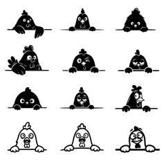 collection of 12 various chicken illustrations, showcasing different poses, expressions, and activities, offering versatility for a variety of designs and projects. vector illustration