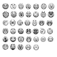 collection of 40 animal portraits covered with floral circles. perfect for adding a touch of nature-inspired charm to any project. vector illustration