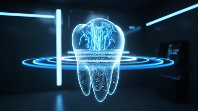 Futuristic glowing translucent tooth with internal structure highlighted by blue light and digital rings, representing dental technology.