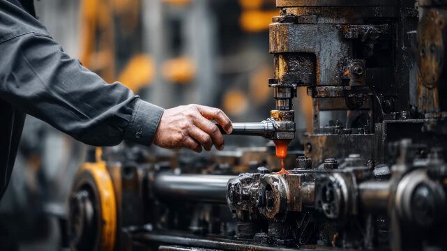 Detailed medium shot of an engineer applying protective coating to an old machinery piece highlighting the machine in crisp detail against a softly blurred industrial backdrop