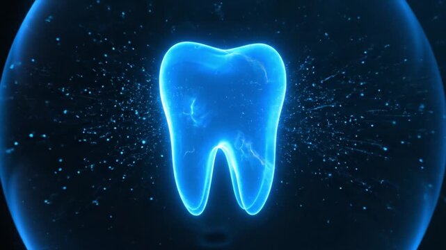 A glowing blue holographic tooth rendering with sparkling particles on a dark background, representing dental science.