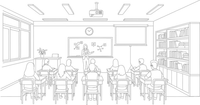 Line art drawing captures a focused female teacher presenting complex diagram concepts on a whiteboard to seated students in a modern classroom setting.
