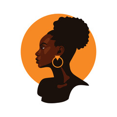 Elegant portrait of an African woman in profile with natural hair bun and gold hoop earrings on a warm orange background. © krustovin