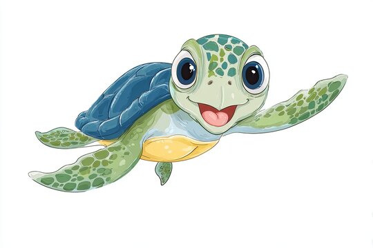 Cartoon illustration of a smiling baby sea turtle swimming joyfully with a vibrant green shell and large expressive eyes against a clean white background