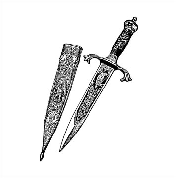 Ornate medieval dagger and sheath illustration