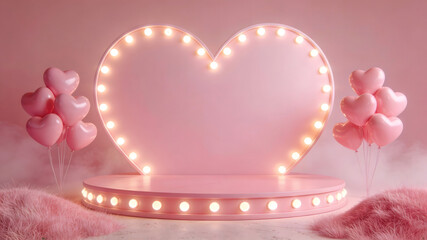 Fototapeta premium Dreamy pink product display stage with heart shaped decorations